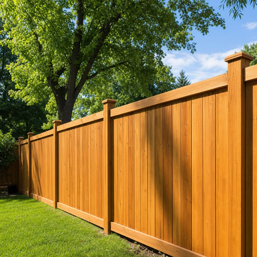 Backyard wooden fence freshly stained in warm honey tone