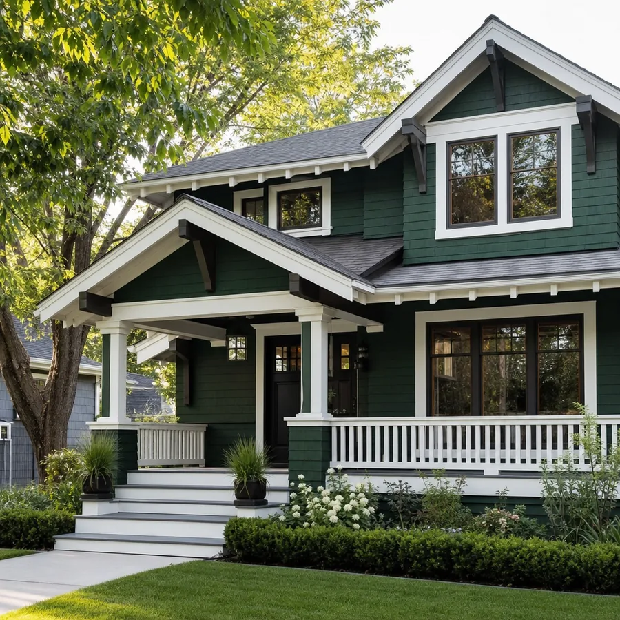 Craftsman house exterior freshly painted deep forest green