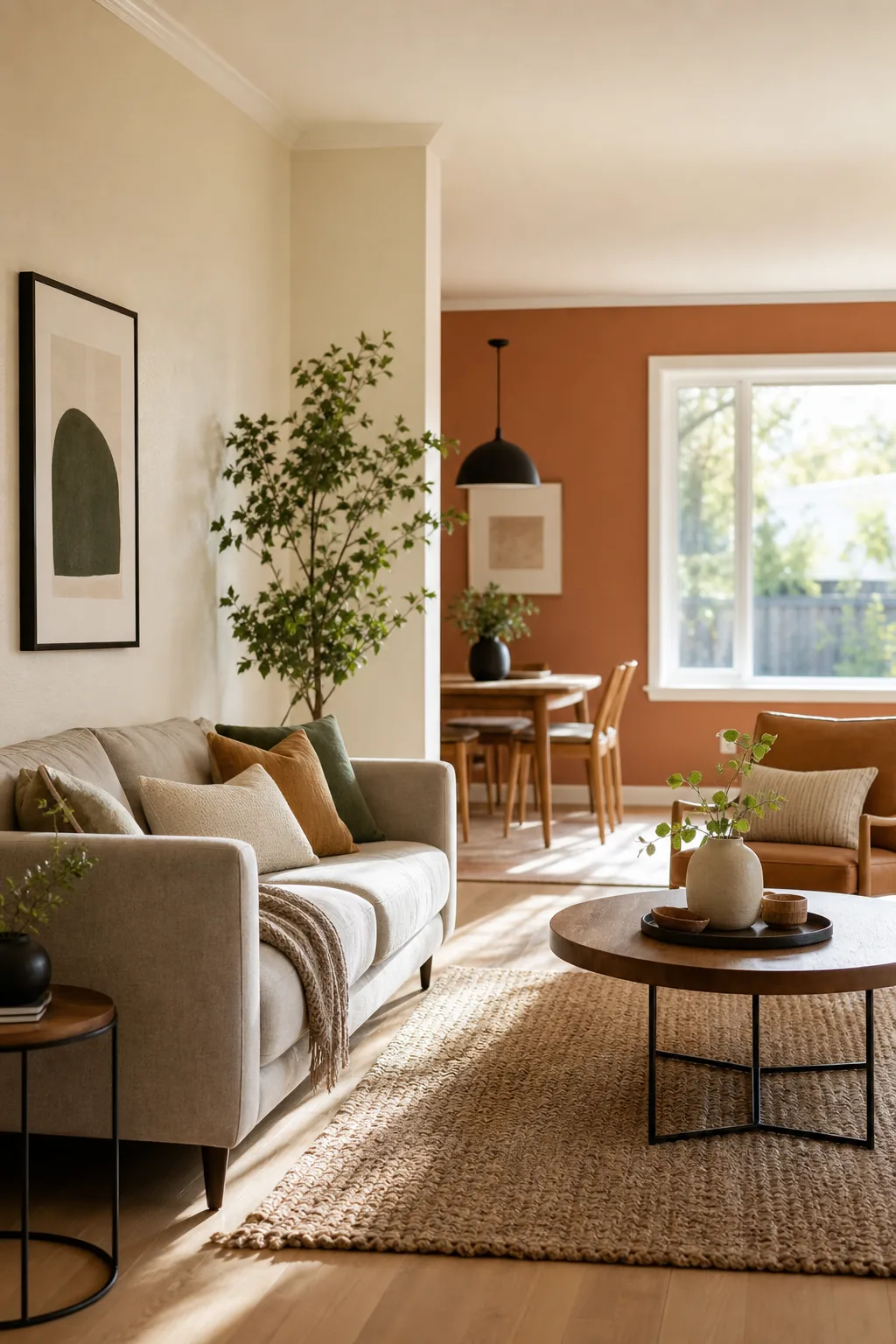 Elegant freshly painted living room in warm cream and terracotta tones